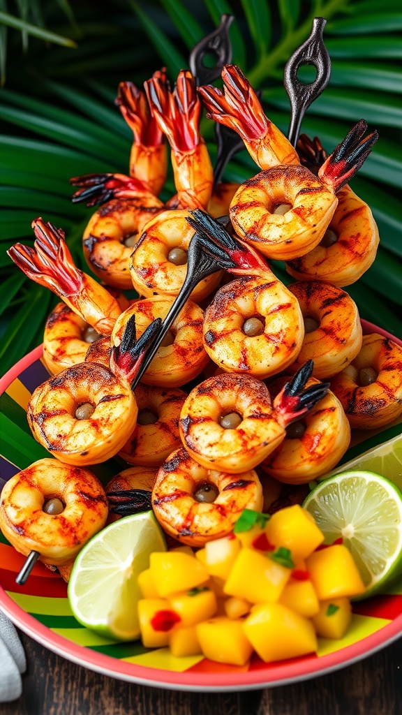 Grilled Jamaican Jerk Shrimp skewers with lime and mango salsa on a colorful plate.